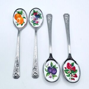 Vintage Avon Fruit Enamel Stainless Steel Jam Jelly Demitasse Spoons Set 4 Japan